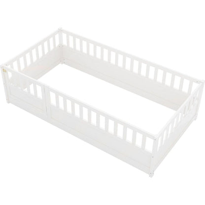 Twin Size Floor bed, integral construction with super high security barrier, door, children's floor bed frame, Montessori wooden children's floor bed, white