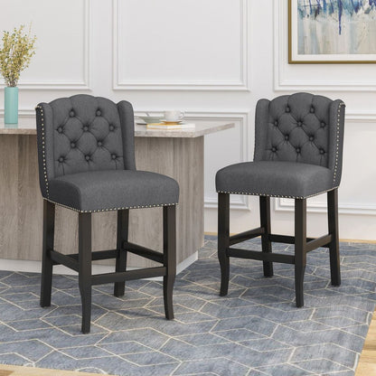 Vienna Contemporary Fabric Tufted Wingback 27 Inch Counter Stools, Set of 2, Charcoal and Dark Brown