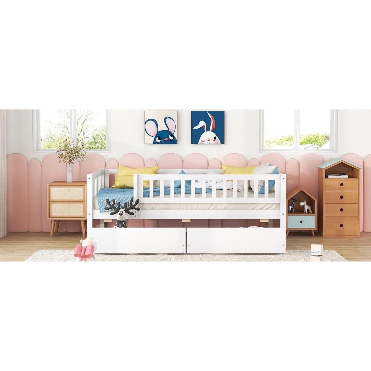 Twin Size Daybed Wood Bed with Two Drawers, White