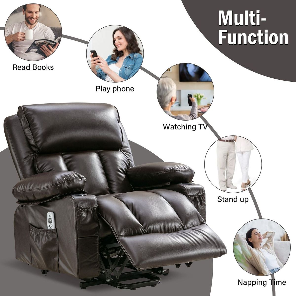 Power Lift Recliner Chair Recliners for Elderly with Heat and Massage Recliner Chair for Living Room with Infinite Position and Side Pocket,USB Charge Port.BROWN