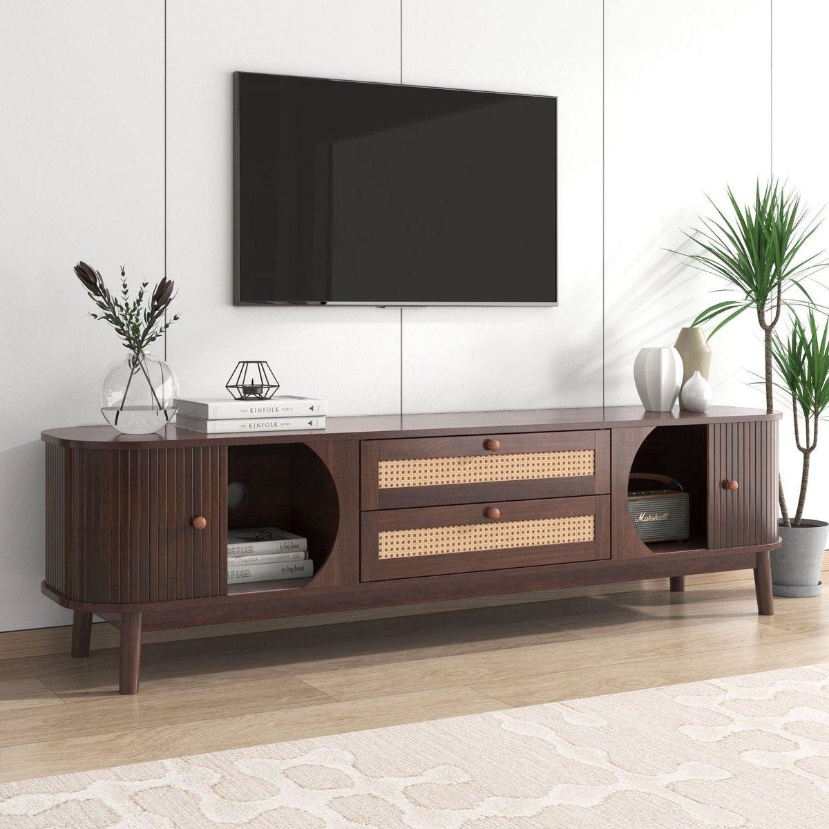 Rattan TV Stand for TVs up to 75", Modern Farmhouse Media Console, Entertainment Center with Solid Wood Legs, TV Cabinet for Living Room,Home Theatre