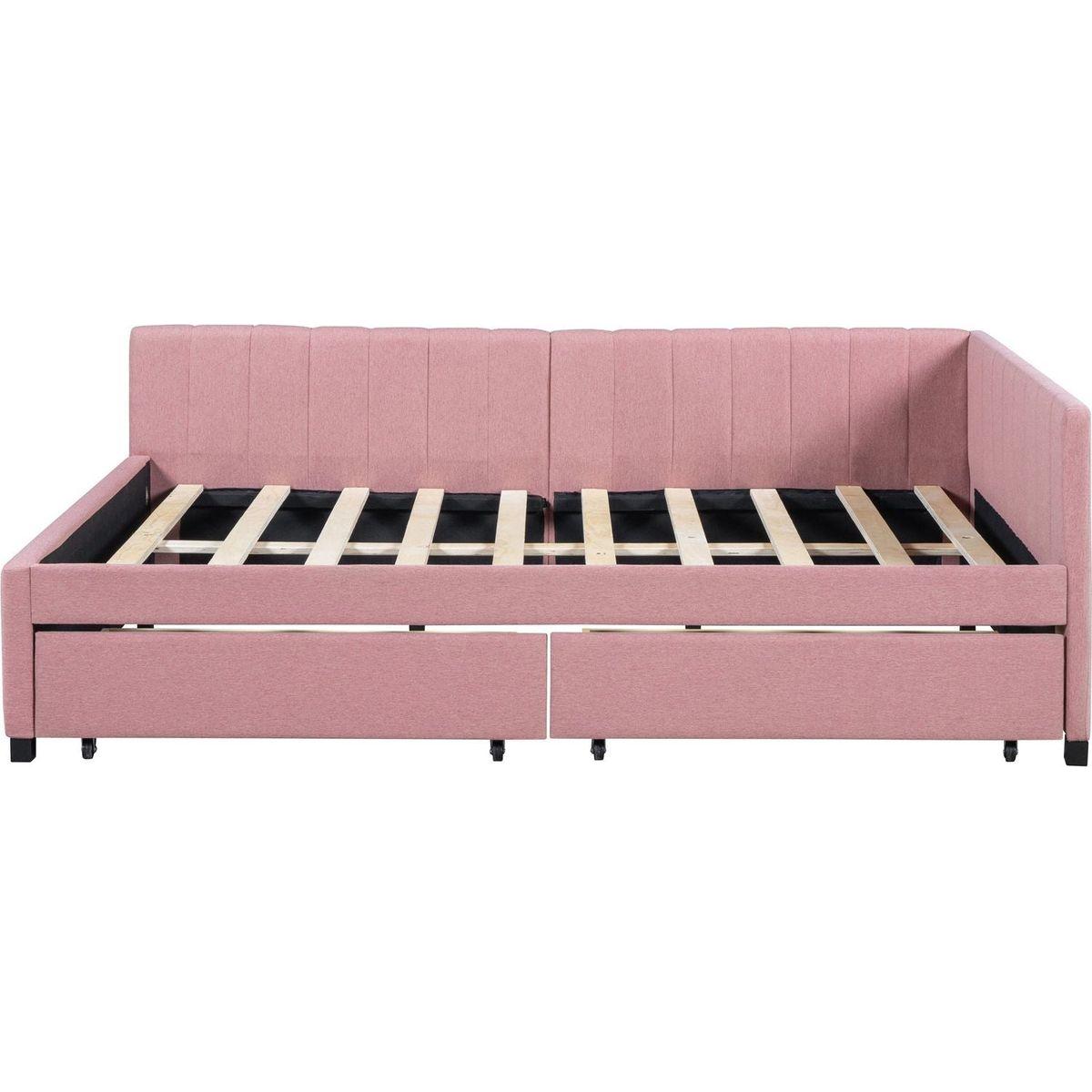 Full Size Upholstered Daybed with 2 Storage Drawers Sofa Bed Frame No Box Spring Needed, Linen Fabric (Pink)