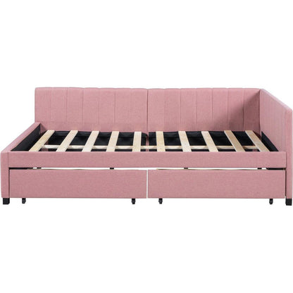 Full Size Upholstered Daybed with 2 Storage Drawers Sofa Bed Frame No Box Spring Needed, Linen Fabric (Pink)