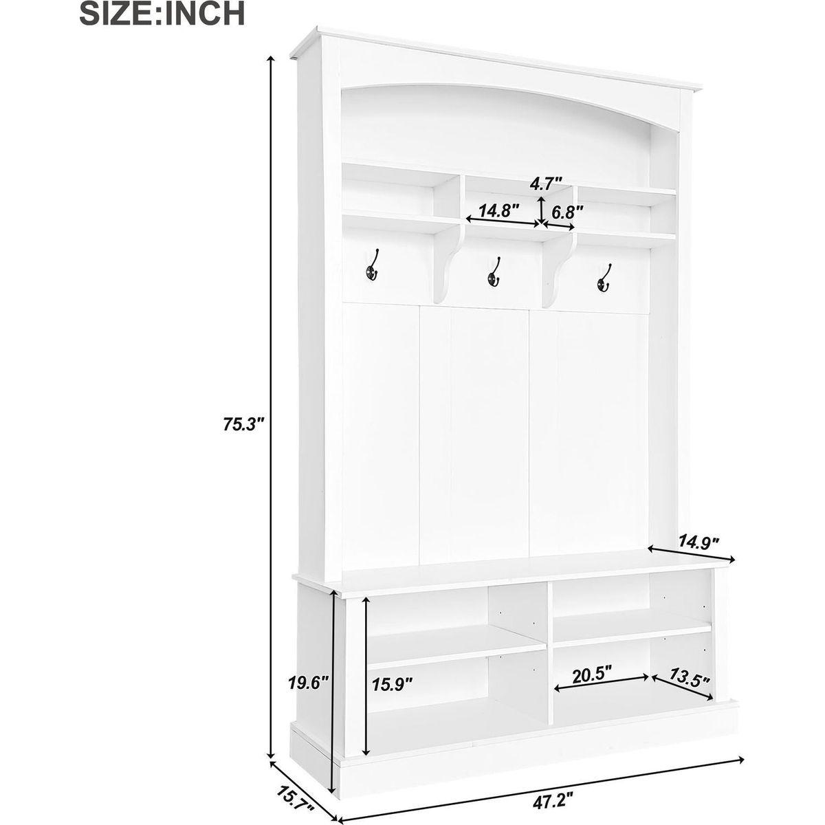 47.2" Wide Hall Tree with Bench and Shoe Storage, Multi-functional Storage Bench with 3 Hanging Hooks & Open Storage Space, Rectangle Storage & Shelves Coat Rack for Hallway, White