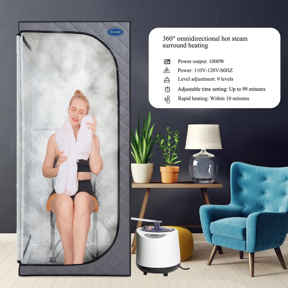 Full Size Portable Grey Steam Sauna tent"ersonal Home Spa, with Steam Generator, Remote Control, Foldable Chair, Timer and PVC Pipe Connector Easy to Install.Fast heating, with FCC Certification