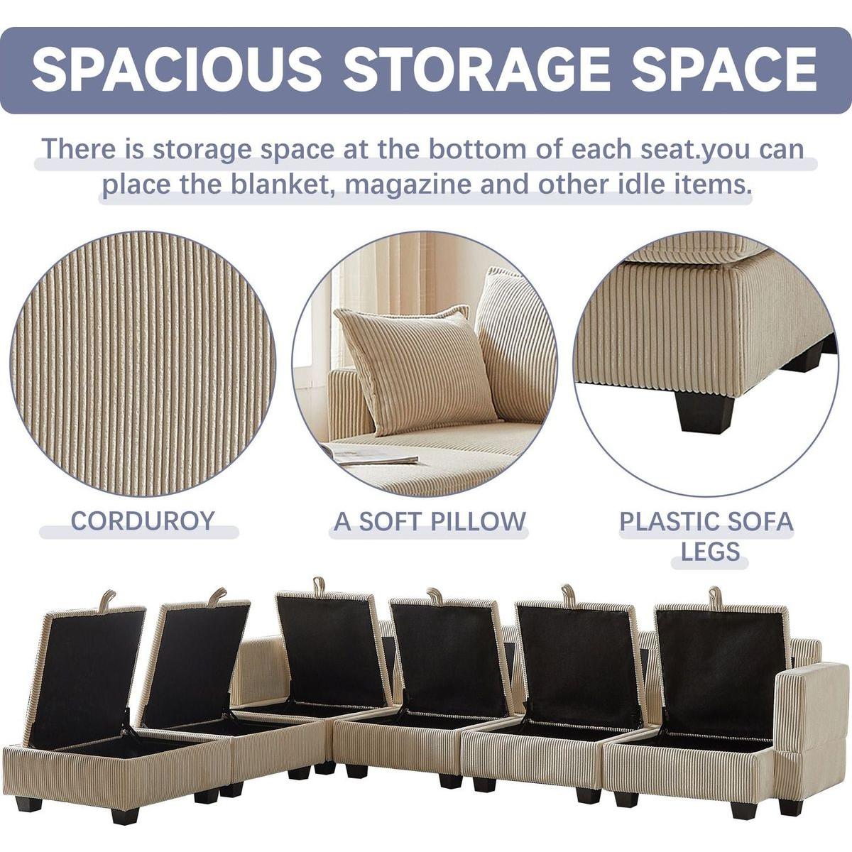 113.5" Modular Sectiona Corduroy Sofa, Sectional Couches for Living Room U Shaped Sectional Couch with Storage Ottoman, 6 Seats Convertible Sectionals with Chaise