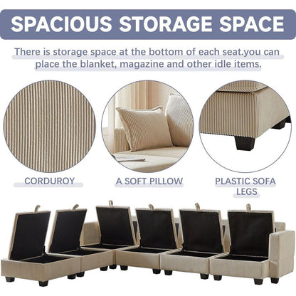 113.5" Modular Sectiona Corduroy Sofa, Sectional Couches for Living Room U Shaped Sectional Couch with Storage Ottoman, 6 Seats Convertible Sectionals with Chaise