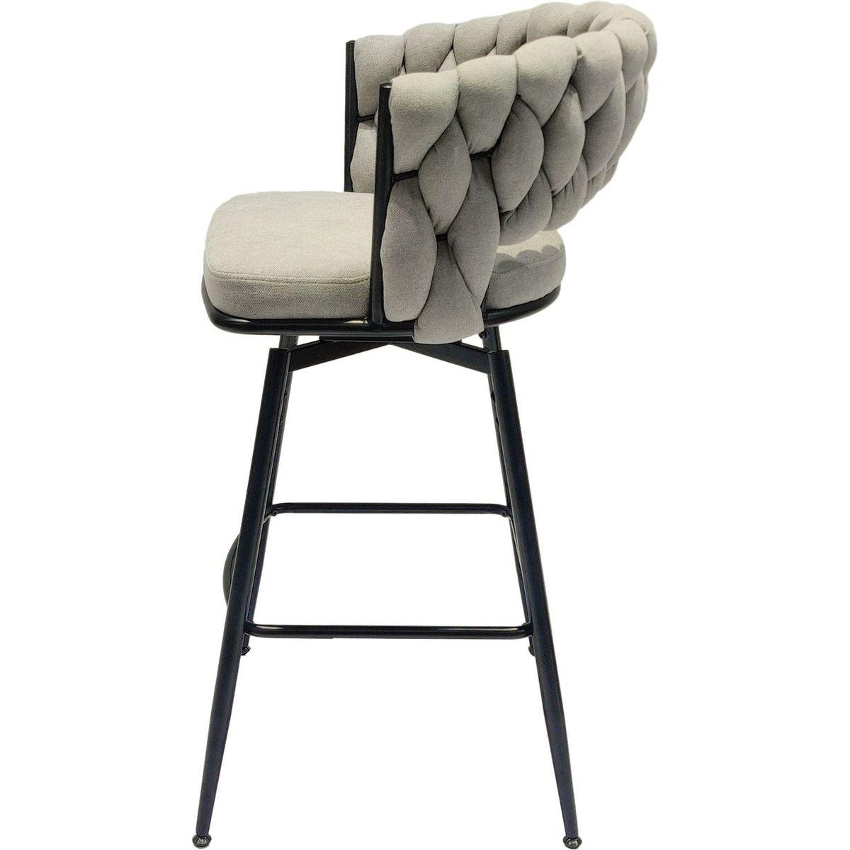 Bar Chair Linen Woven Bar Stool Set of 2,Black legs Barstools No Adjustable Kitchen Island Chairs,360 Swivel Bar Stools Upholstered Bar Chair Counter Stool Arm Chairs with Back Footrest, (Grey)