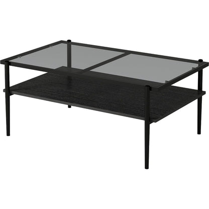 Rectangle Coffee Table with Gray Tempered Glass top and Black Legs,Modern Table for Living Room