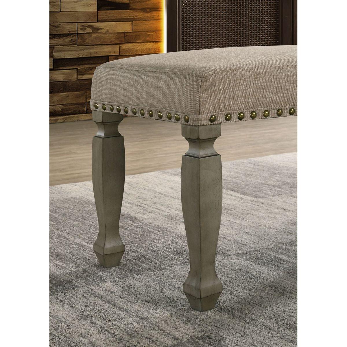 Breda Antique Gray Finish Upholstered Nailhead Bench