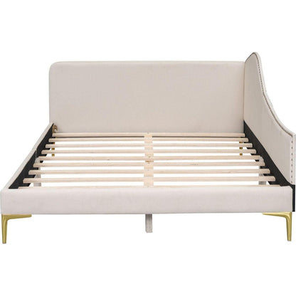 Full Size Upholstered Daybed with Headboard and Armrest, Support Legs, Beige