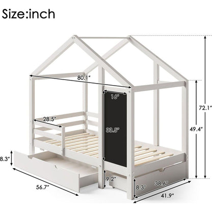 Twin House Bed with Blackboard and Drawers, Two assembly options, White