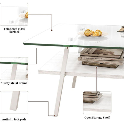 Rectangle Coffee Table, Tempered Glass Tabletop with White Metal Legs, Modern Table for Living Room, Transparent Glass