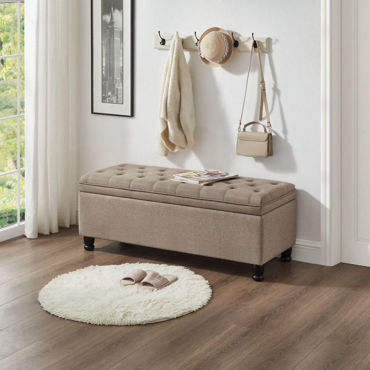 Upholstered tufted button storage bench, Linen fabric entry bench with spindle wooden legs, Bed bench- Linen