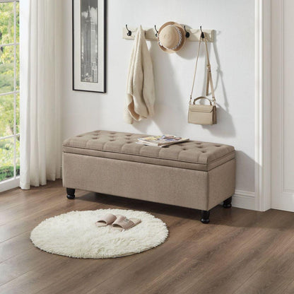 Upholstered tufted button storage bench, Linen fabric entry bench with spindle wooden legs, Bed bench- Linen