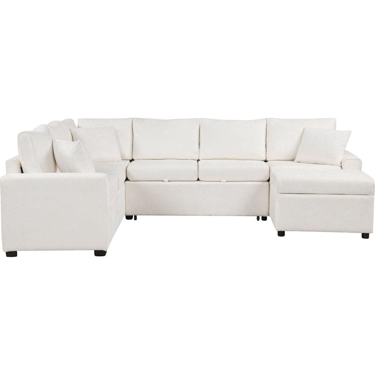 112.2" Sectional Sofa Pull-out Sofa Bed Sleeper with a Storage Ottoman,Three Pillows and Charging Devices for Living Room, Cream
