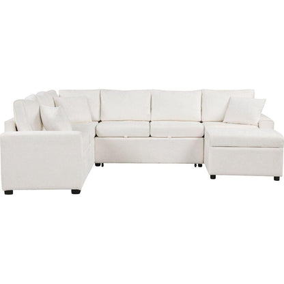 112.2" Sectional Sofa Pull-out Sofa Bed Sleeper with a Storage Ottoman,Three Pillows and Charging Devices for Living Room, Cream