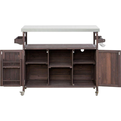 Outdoor Kitchen Island, Rolling Bar Cart & Storage Cabinet, Farmhouse Solid Wood Outdoor Grill Table with Stainless Steel Top, Spice Rack, Towel Rack for Kitchen & Barbecue, Dark Brown