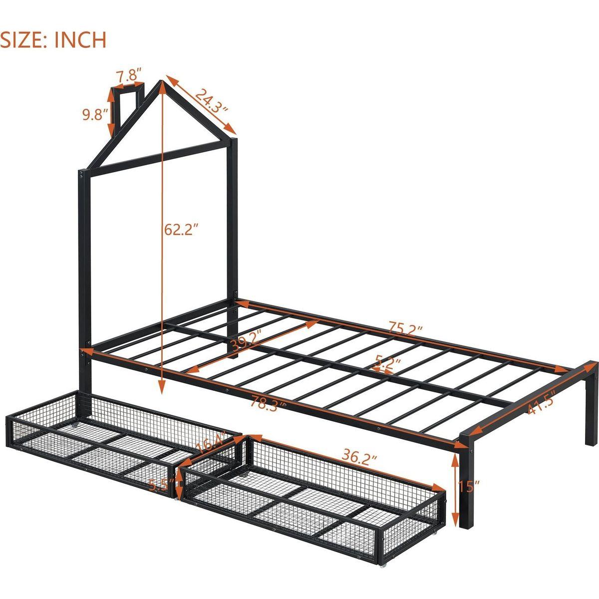 Twin Size Metal Platform Bed with two drawers,House-Shaped Headboard Design, Black