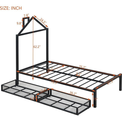 Twin Size Metal Platform Bed with two drawers,House-Shaped Headboard Design, Black