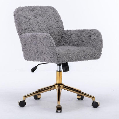 Office Chair,Artificial rabbit hair Home Office Chair with Golden Metal Base,Adjustable Desk Chair Swivel Office Chair,Vanity Chair(Gray)