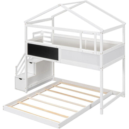 Twin over Full House Bunk Bed with Storage Staircase and Blackboard,White