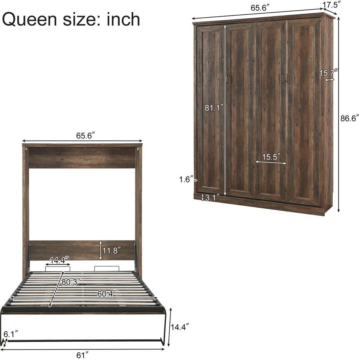 Queen Size Half Self-Close and Open Murphy Bed with 1 Side Cabinet Storage Shelf, Cabinet Space-Saving Bed Perfect for Guest Room, Bed Room, Guest Room, Home Office, Brown