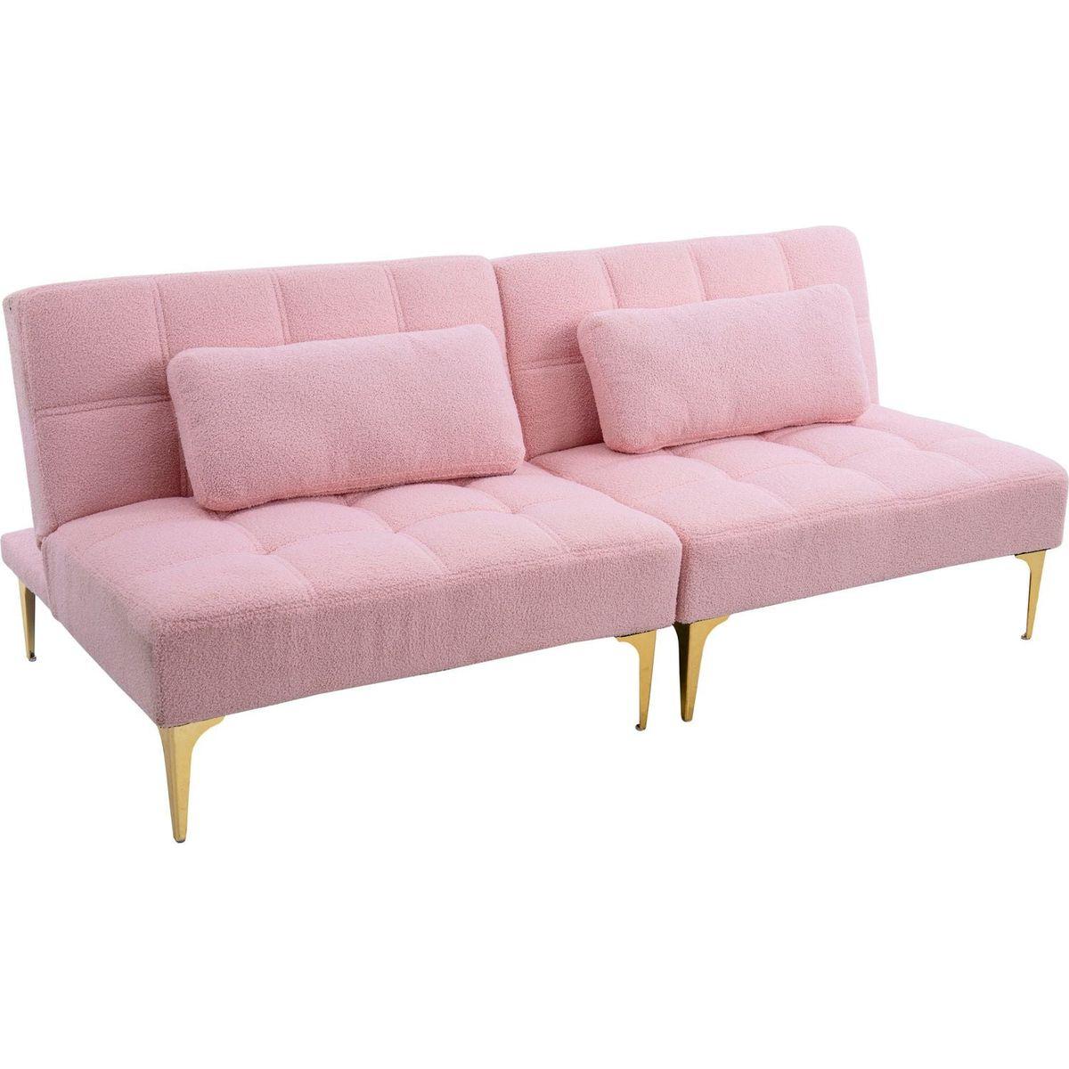 71" Convertible sofa bed futon with gold metal legs teddy fabric (Pink)
