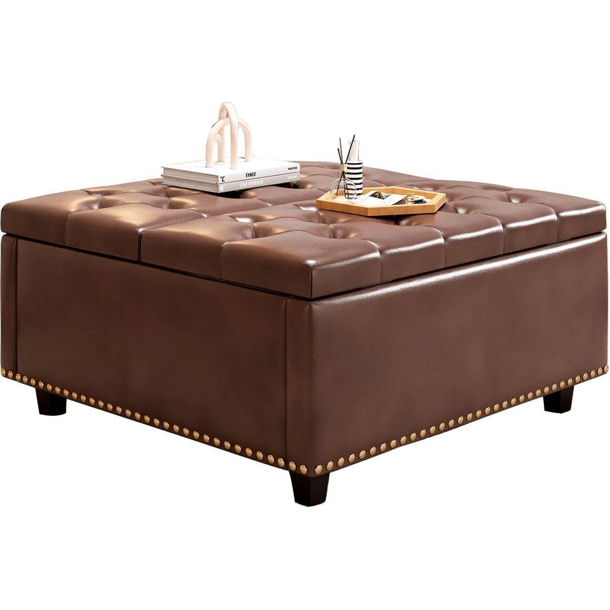 Large square storage stool with two storage doors, footstool for living room Mid-century modern coffee table with nailhead inlay, brown PU leather