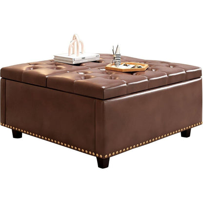 Large square storage stool with two storage doors, footstool for living room Mid-century modern coffee table with nailhead inlay, brown PU leather