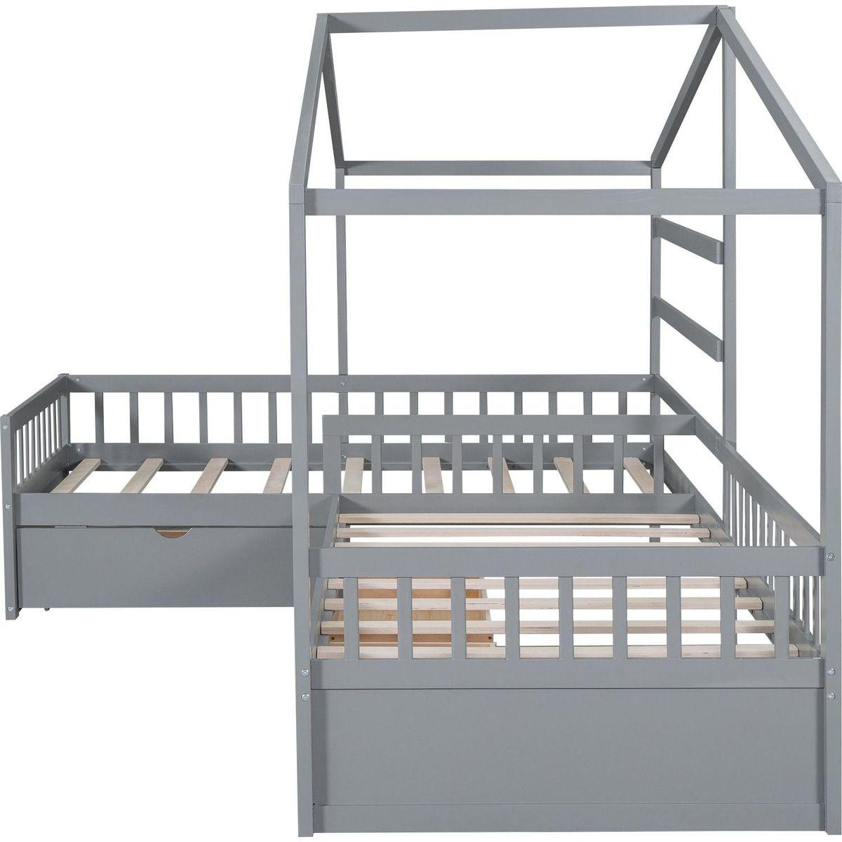 Twin Size House Platform Bed with Three Storage Drawers,Gray