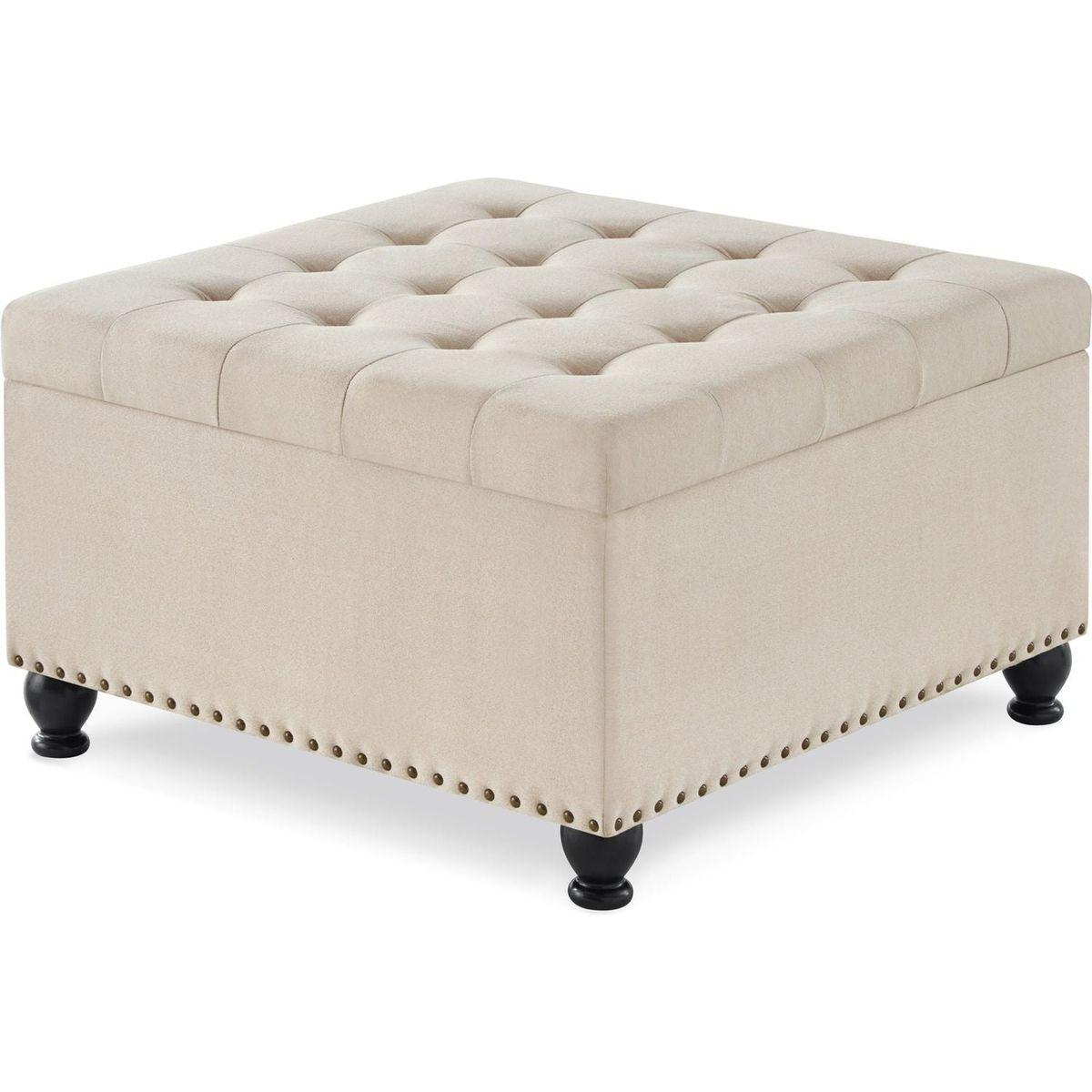 Large square storage ottoman with wooden legs, Upholstered button tufted coffee table with nail trims for Living Space,Beige