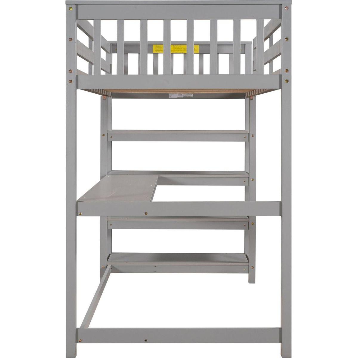 Twin Size Loft Bed with Storage Shelves and Under-bed Desk, Gray