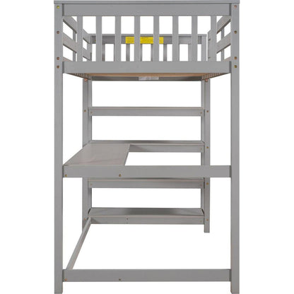 Twin Size Loft Bed with Storage Shelves and Under-bed Desk, Gray