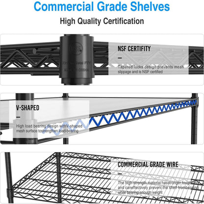5 Tier 7500lbs Heavy Duty Adjustable Storage Rack Metal Shelf Wire Shelving Unit with Wheels & Shelf Liners - 82" H x 60" L x 24" D - Black