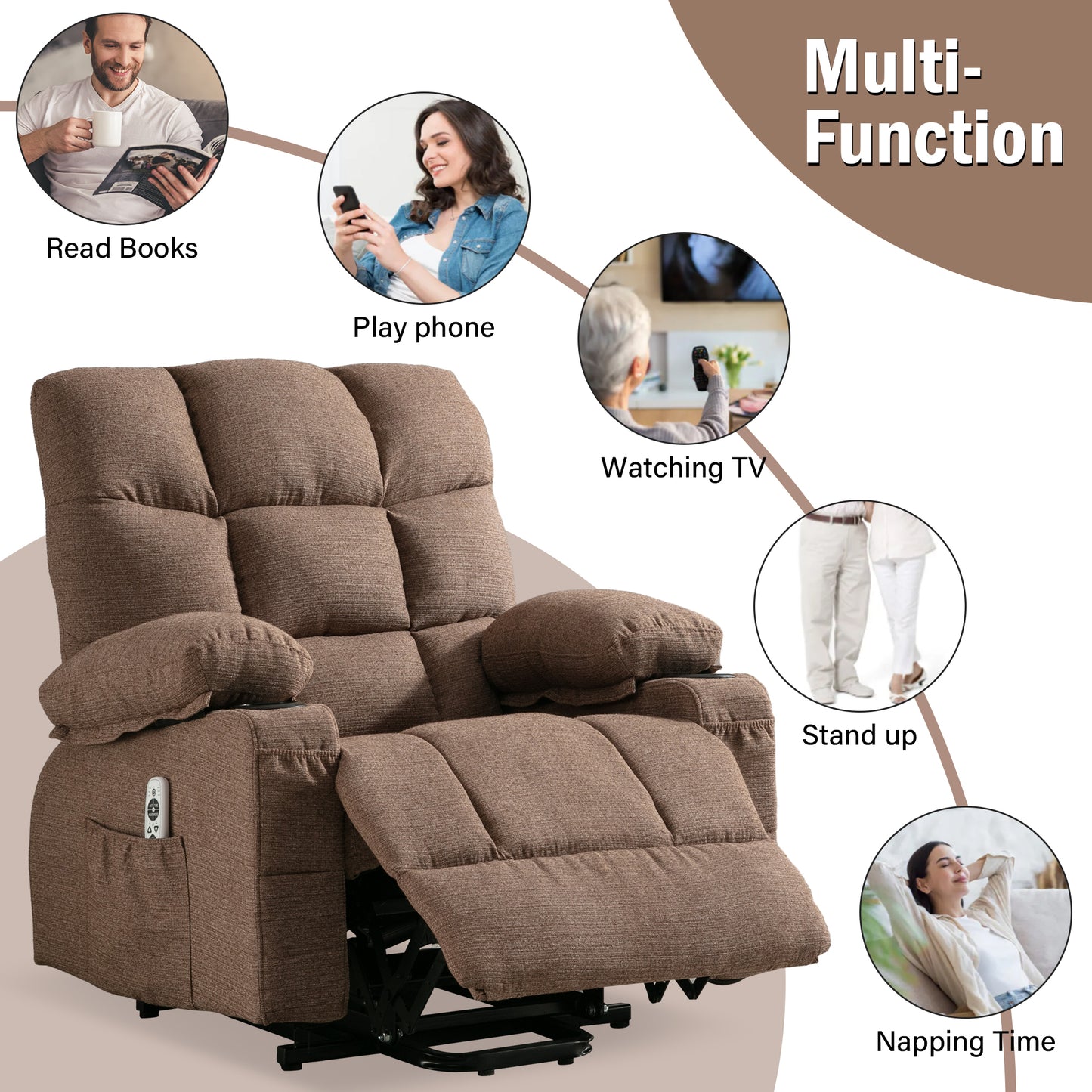 Power Lift Recliner Chair Recliners for Elderly with Heat and Massage Recliner Chair for Living Room with Infinite Position and Side Pocket,USB Charge Port.BROWN