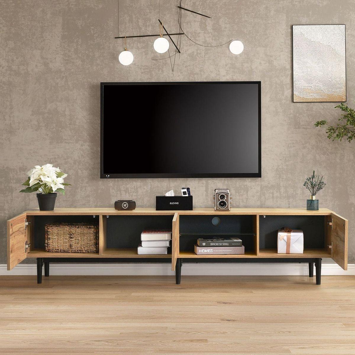 Modern TV Stand with 4 Cabinets& Open Shelves, Color-matching Media Console Table for TVs up to 80" with LED Light, Entertainment Center with Drop Down Door for Living Room, Bedroom, Home Theatre