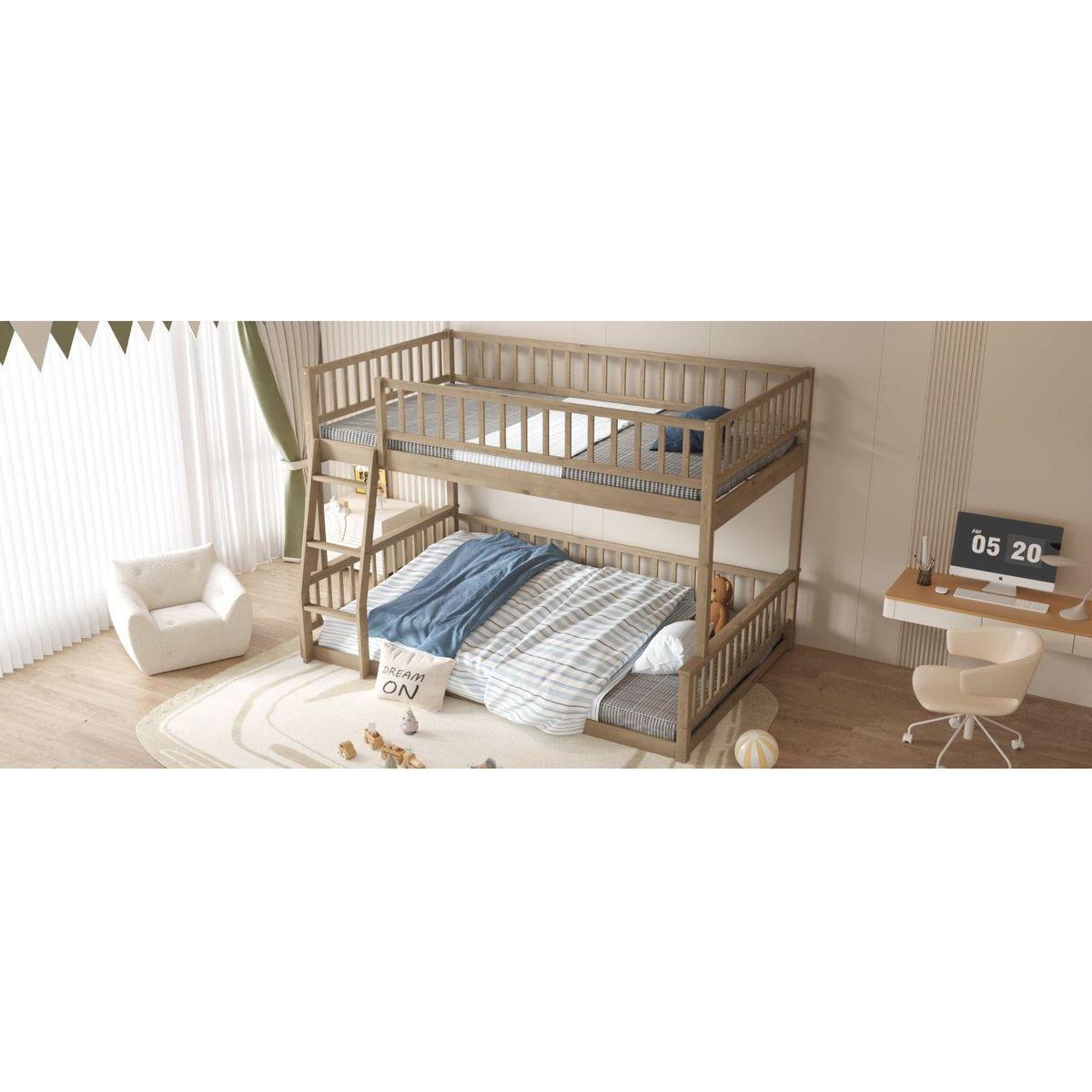 Full XL over Queen Bunk Bed with Ladder and Guardrails, Walnut