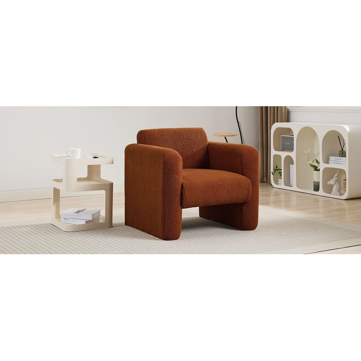 Modern Accent Chair Lambskin Sherpa Fabric Upholstered Comfy Reading Arm Chair Soft Padded Armchair with Back and Pillow for Living Room Bedroom Reception Waiting Room Office,Burnt Orange