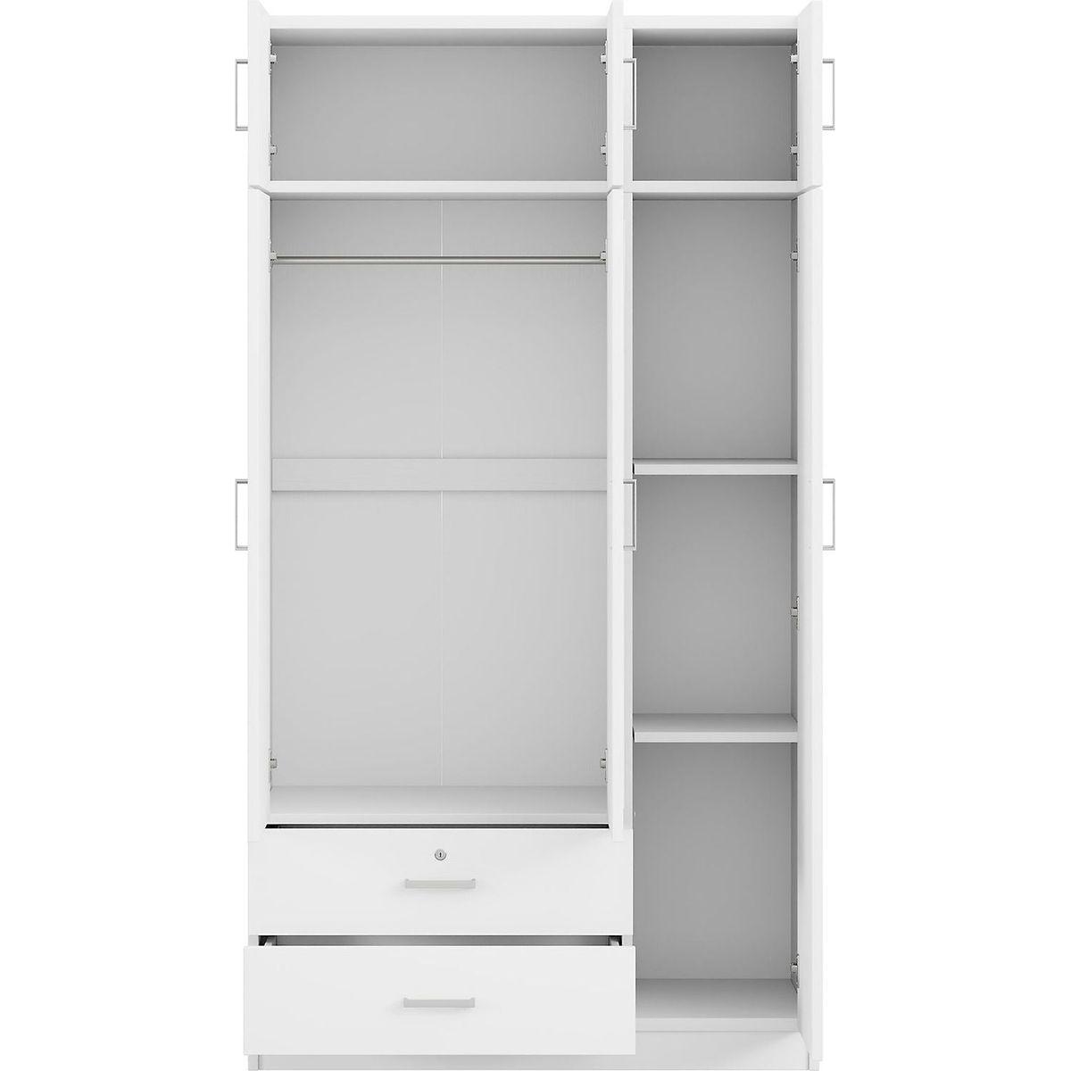 3-Door Mirror Wardrobe with 2 Drawers and Top Cabinet,White