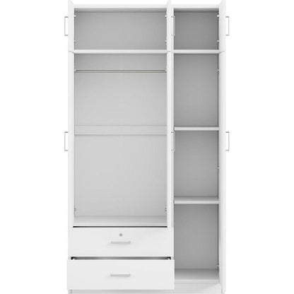 3-Door Mirror Wardrobe with 2 Drawers and Top Cabinet,White