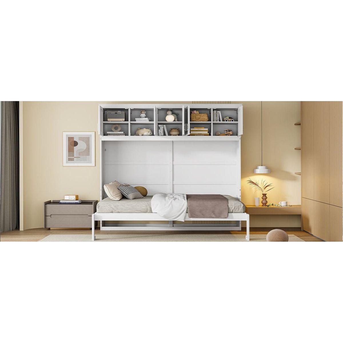 Full Size Murphy Bed Wall Bed with Top Cabinets,White