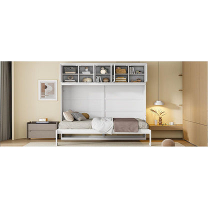Full Size Murphy Bed Wall Bed with Top Cabinets,White