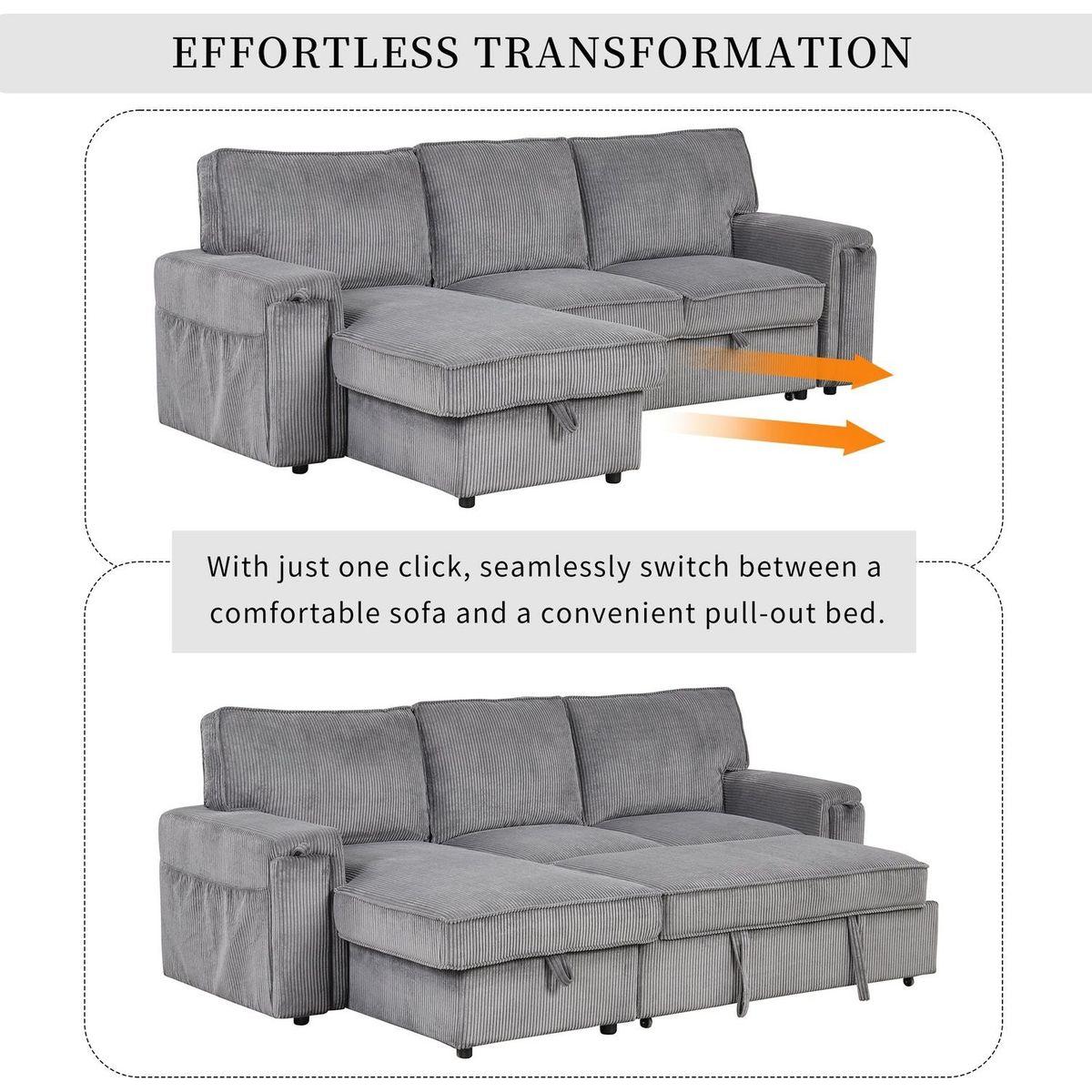 Upholstery Sleeper Sectional Sofa with Storage Bags and 2 cup holders on Arms