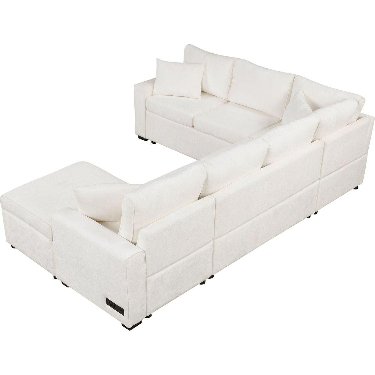 112.2" Sectional Sofa Pull-out Sofa Bed Sleeper with a Storage Ottoman,Three Pillows and Charging Devices for Living Room, Cream