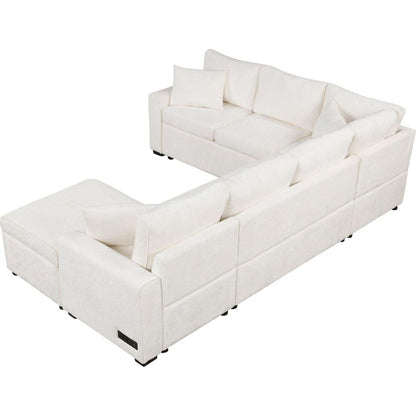 112.2" Sectional Sofa Pull-out Sofa Bed Sleeper with a Storage Ottoman,Three Pillows and Charging Devices for Living Room, Cream