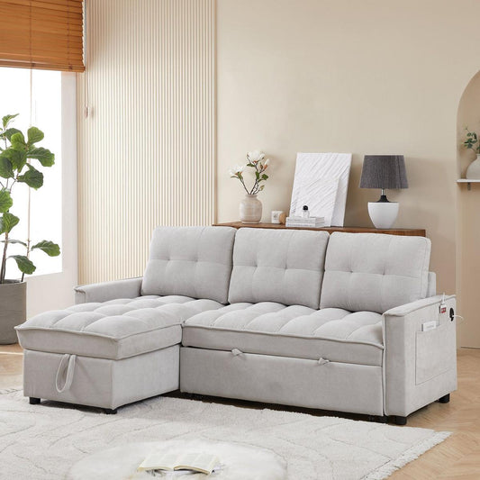 MH 78.75" Reclining Sofa, Pull-Out Sofa Bed with USB and tape-c charging ports, L-Shaped Sectional Sofa with Reclining Storage and Arm Side Organizer Pocket Features, Living Room Comfort Sofa
