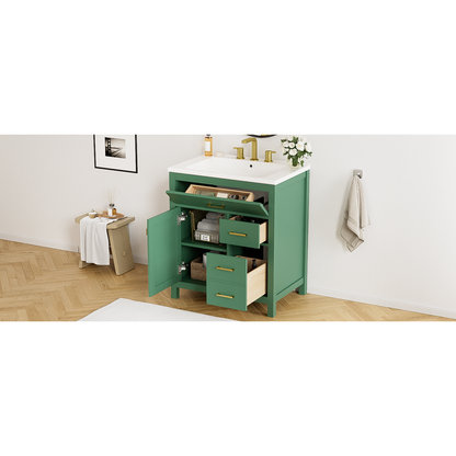 30-Inch Green Bathroom Vanity with Ceramic Sink and Ample Storage - Ideal Choice for Small Bathrooms