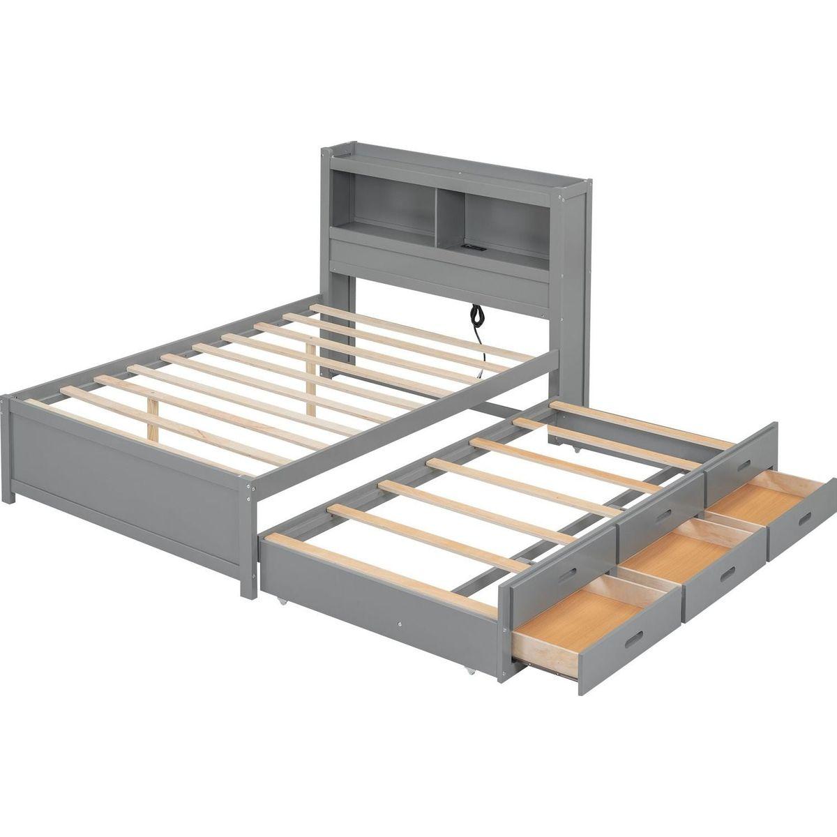 Full Size platform bed with trundle, drawers and USB plugs, Gray