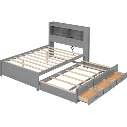 Full Size platform bed with trundle, drawers and USB plugs, Gray